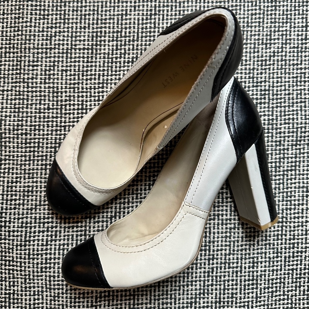 Nine West Black and Cream Two-Tone Block Heel Pumps